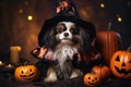 Little cute dog in witch costume on Halloween, funny pet with pumpkins