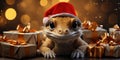 Little cute dragon in a New Year& x27;s hat among the gifts,