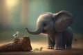 Little Cute Elephant Playing with a Small Bird in the Garden Royalty Free Stock Photo