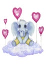 Little cute elephant watercolor on white background, print for child, hand-drawn.