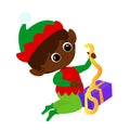 Little cute elf in cartoon style. A child unpacks a box with a gift. Christmas illustration isolated. Royalty Free Stock Photo