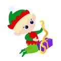 Little cute elf in cartoon style isolated on white background. A child unpacks a box with a gift. Royalty Free Stock Photo