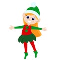 Little cute elf girl in cartoon style isolated on white background. The Christmas elf is dressed in an elf costume. Royalty Free Stock Photo