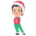 Little cute elf isolated on white background. Christmas vector cartoon illustration. Dwarf character in elf costume