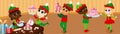 Little cute elves are inside the house of Santa Claus and they are preparing Christmas sweets. Banner Christmas illustration.