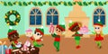 Little cute elves are inside the house of Santa Claus and they are preparing Christmas sweets. The children are happy and hold