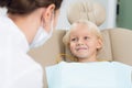 Little cute female child sitting in a dentist chair, ready for the check up Royalty Free Stock Photo