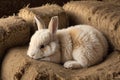 Little cute fluffy baby rabbit lies on the hay in the barn. Generative AI