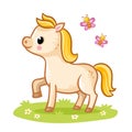 Little cute foal with a golden mane standing in the meadow with butterflies. Vecton illustration with a horse Royalty Free Stock Photo