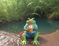 Little cute frog in sunglasses shorts and shirt eats ice cream