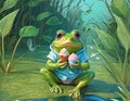 Little cute frog in sunglasses shorts and shirt eats ice cream