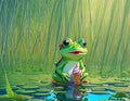 Little cute frog in sunglasses shorts and shirt eats ice cream