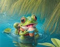 Little cute frog in sunglasses shorts and shirt eats ice cream