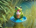 Little cute frog in sunglasses shorts and shirt eats ice cream