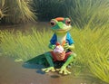 Little cute frog in sunglasses shorts and shirt eats ice cream