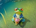 Little cute frog in sunglasses shorts and shirt eats ice cream