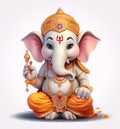 Little cute Ganesha, religious traditional god elephant white color in cartoon character isolated on white background