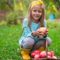 Little cute girl with basket of apples in autumn Royalty Free Stock Photo