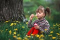 Little cute girl blowing soap bubbles in the park. Royalty Free Stock Photo