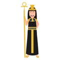 Little cute girl in cleopatra costume, ancient egyptian queen character, gold necklace and headdress, historical leader Royalty Free Stock Photo