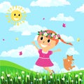 Little cute girl and dog run on a blooming meadow, cartoon vector illustration