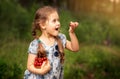 Little girl eating cherries from a basket on nature Royalty Free Stock Photo