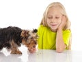 Little cute girl feeding her dog