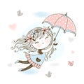 Little cute girl flying on an umbrella. Vector