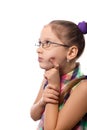 Little cute girl in glasses posing on a white background