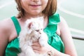 Little cute girl in a green T-shirt hugs Persian kitten light color Royalty Free Stock Photo