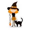 Little cute girl in halloween costume with black cat. Witch costume for Halloween party. Vector illustration, eps 10 Royalty Free Stock Photo
