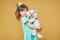 Little cute girl is holding a Maltese lapdog in her arms. photo shoot in the studio on a yellow background Royalty Free Stock Photo