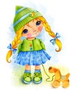 Little cute girl with long braids blonde and big blue eyes in a green knitted hat and a beautiful dress smiles, stands, holds a