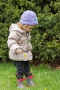 Little cute girl is looking for flowers on spring meadow