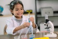 Little cute girl with a microscope holding a laboratory bottle with water experiment study scientists at school. Education science
