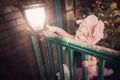 A little cute girl in a pig costume is standing on the porch, holding on to the railing and wants to touch the street lamp. In the Royalty Free Stock Photo