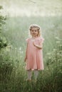 Little cute girl in a pink dress and a wreath of flowers on her head walks in the forest in the summer Royalty Free Stock Photo