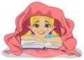 Little cute girl reading a book in bed under blanket Royalty Free Stock Photo