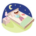 Little cute girl reading a book before dreams in her bed