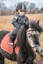 Little cute girl riding a little horse or pony in the winter in field in the winter Royalty Free Stock Photo