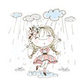 A little cute girl runs merrily through puddles in the rain. Vecto.