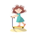 Little cute girl on scooter, vector cartoon illustration isolated on white background. Happy girl having summer scooter
