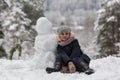 Little cute girl sculpts snowman. Winter. Royalty Free Stock Photo