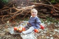 Little cute girl is sitting on the grass with a basket of apples in her hands. Plump cute baby. Autumn baby photo Royalty Free Stock Photo