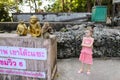 Little cute girl standing near monkey golden statuettes and macaco at zoo in Thailand.