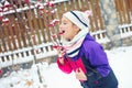 Little cute girl trying to taste red berries under snow on tree Royalty Free Stock Photo