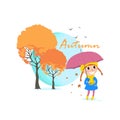 Little cute girl under umbrella , rainy autumn day , cartoon design Royalty Free Stock Photo