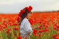 Little cute girl in white dress playing field poppy wreath with a bouquet of poppies in her hands Royalty Free Stock Photo