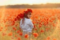 Little cute girl in white dress playing field poppy wreath with a bouquet of poppies in her hands Royalty Free Stock Photo