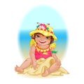 Little cute girl in the yellow hat builds a sand castle on the beach. Royalty Free Stock Photo